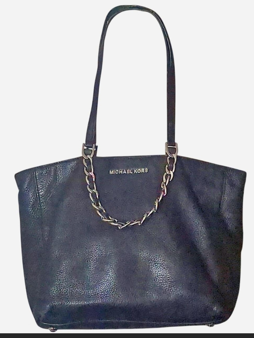 Michael Kors Harper Black Pebbled Leather Tote Bag | Silver Chain Accent